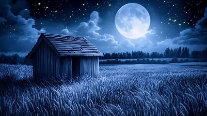 A rustic shed stands peacefully under a luminous full moon and starry night sky. - Powered by Adobe
