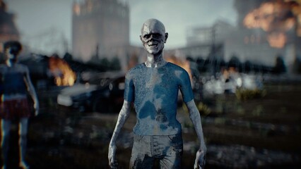 Russian zombie apocalypse. burning city Moscow. Armageddon. 3d rendering.