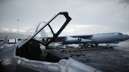 Military american base. American battle heavy bomber. 3d rendering.