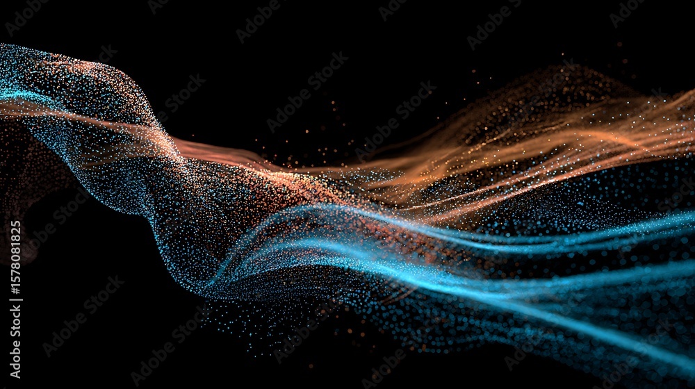 Poster abstract glowing particle stream on black background