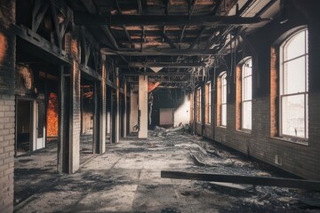 Interior of a Decayed Building after a Devastating Fire or Demolition