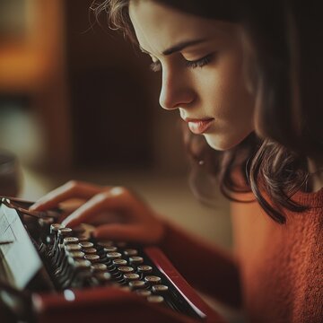 Closeup of a female novelist typing on a vintage typewriter Focus on face and typewriter