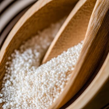 closeup of arrowroot powder in wooden spoon white fine texture macro food additive detail clean studio setup