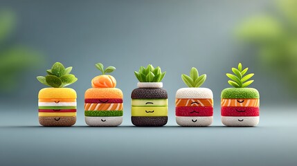 3D vegan sushi bites arranged symmetrically under crystal, misty gray backdrop 