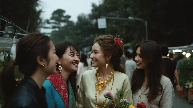 Joyful Reunion at the Market: Four young women, dressed in a blend of modern and traditional attire, share a moment of laughter and connection amidst the vibrant energy of a bustling Asian market.