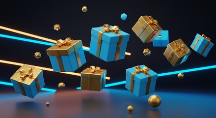 Neon-Lit Gift Boxes: A 3D Render of Floating Presents with Gold Accents