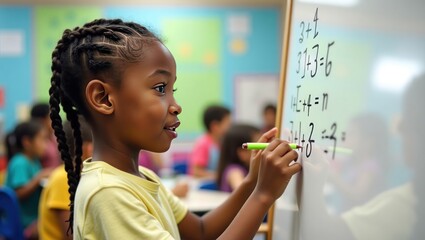 Young Girl Solving Math Problems on Whiteboard in Classroom