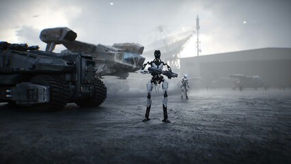 Futuristic military base with robots and aerial ship. 3d rendering.