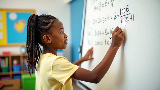 Female student in a classroom with a teacher, a businesswoman drawing a plan on a whiteboard, and people in a business meeting presentation