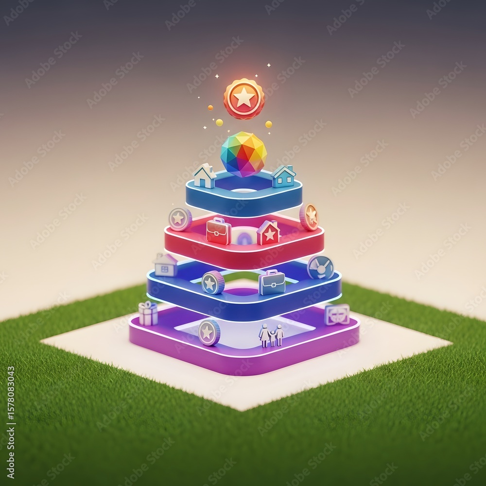 Aufkleber colorful pyramid structure with glowing coin at the top on a grass surface representing stages and p