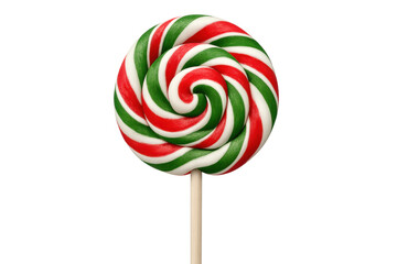 Festive striped christmas lollipop in red, green, white, displaying holiday sweet treat spirit on clear background