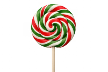 Festive striped christmas lollipop in red, green, white, displaying holiday sweet treat spirit on clear background