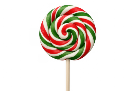 Festive striped christmas lollipop in red, green, white, displaying holiday sweet treat spirit on clear background