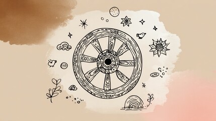 Circular wooden wheel, surrounded by whimsical designs