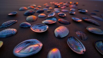 Iridescent Seashells Gleam with Sunset Colors on Sandy Beach