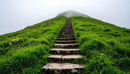 Stone stairway ascending a lush green hill into the mist, a metaphor for journey, growth, and overcoming challenges. Scenic, moody landscape with ancient steps leading to an unknown destination.