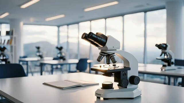 Microscope in a modern laboratory with scientific equipment and notebook
