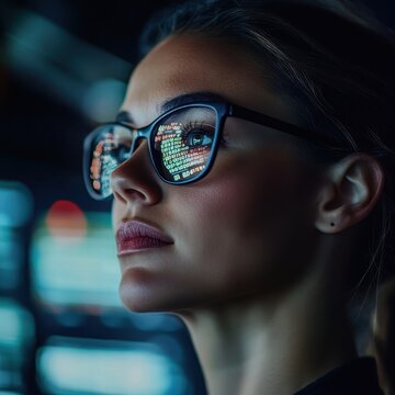 Closeup of a female meteorologist reviewing weather data Focus on face and data