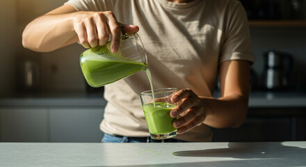 Person pouring matcha latte into a clear glass