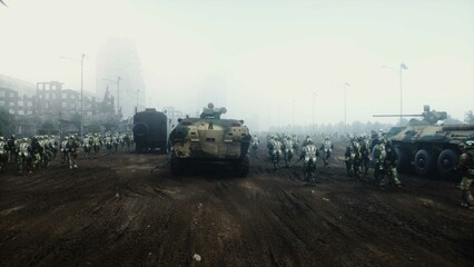 armored infantry vehicles with soldiers in in a ruined city. 3d rendering.
