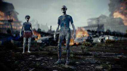 Zombie in apocalyptic burning city. Armageddon. 3d rendering.