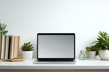 White Minimalist Home Office Workspace with Laptop and Plants