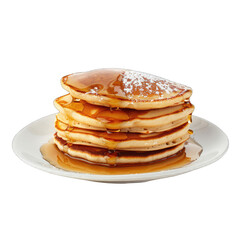 A stack of four golden-brown pancakes drizzled with maple syrup and dusted with powdered sugar on a small white plate