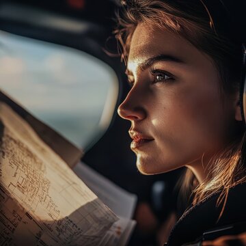 Closeup of a female pilot checking a flight chart Focus on face and chart