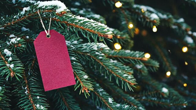 A close-up of a Christmas tree branch adorned with snow and a blank tag, illuminated by soft lights