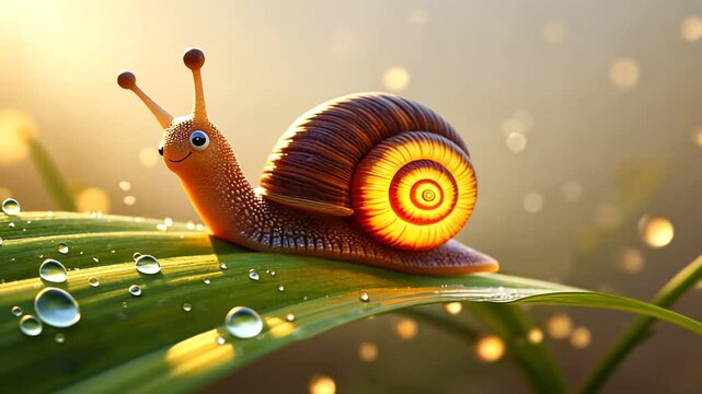 A cheerful snail gliding on a dewy green leaf, illuminated by soft sunlight in a serene garden