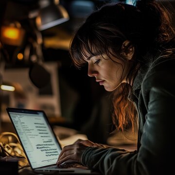 Closeup of a female screenwriter typing a script Focus on face and laptop