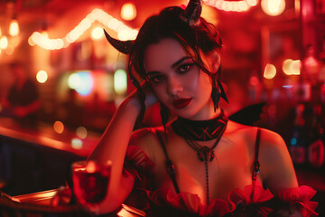 Seductive Female Demoness in an Elegant Dress Lures with a Smile for a Night of Dark Pleasures in a Club