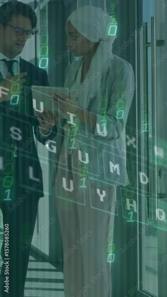 Poster animation of binary codes, illuminated pattern on keyboard, diverse couple discussing reports