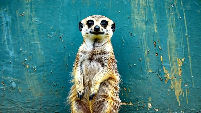 A curious meerkat stands upright against a textured green wall, observing its surroundings intently