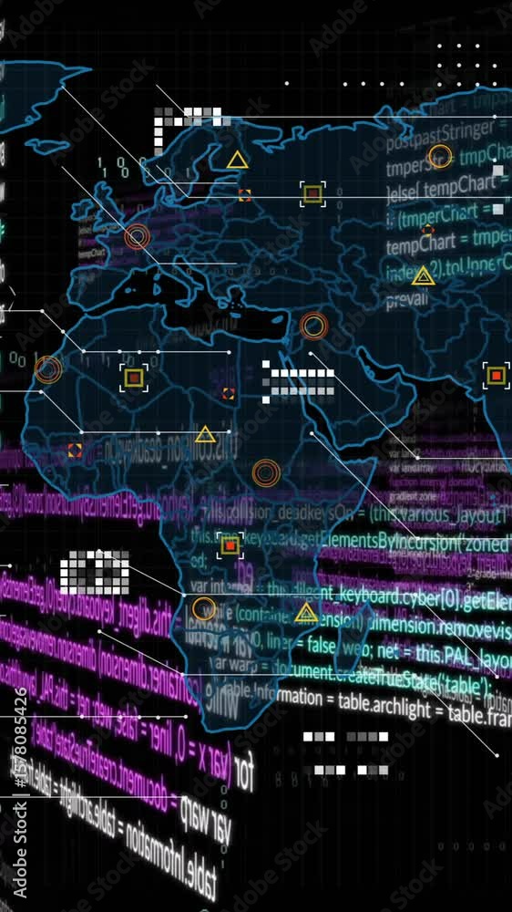 Poster animation of multicolored computer language, geometric shapes on map over black background