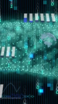 Animation of binary codes moving in wave patterns over globes and graphs