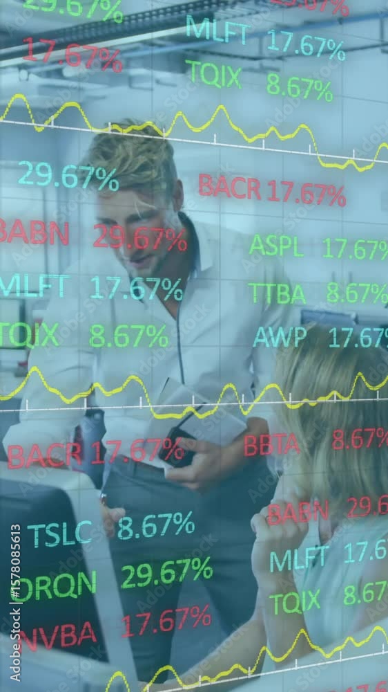 Poster animation of financial data processing over diverse colleagues working in office