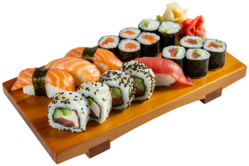Assortment of fresh sushi and rolls on a wooden board isolated on transparent background
