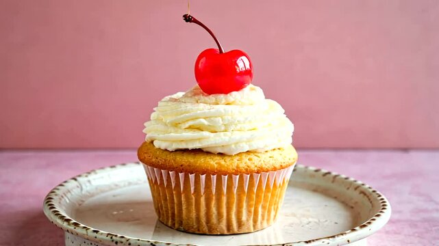 A delicious vanilla cupcake topped with creamy frosting and a cherry, set against a soft pink background