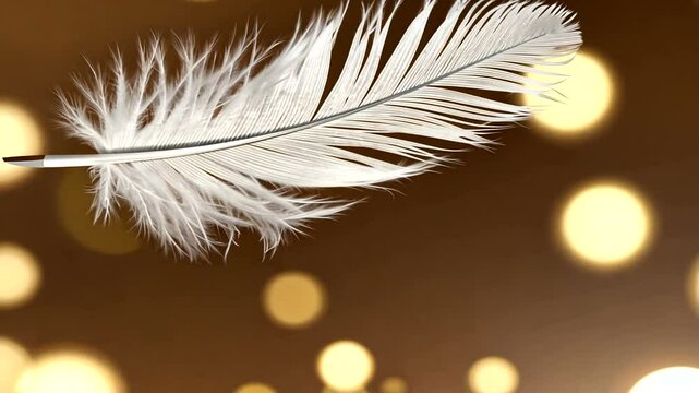 A delicate white feather gracefully floats against a warm, bokeh-lit background, evoking tranquility