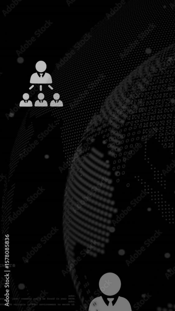 Poster Animation of financial data processing with globe and business icons on black background