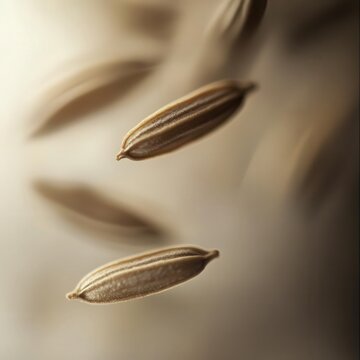 closeup of cumin seeds with light brown hue, fine texture, macro spice photography, clean soft lighting