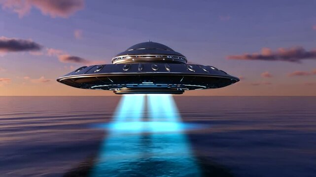 A futuristic spaceship hovering above a tranquil ocean at sunset, casting beams of light