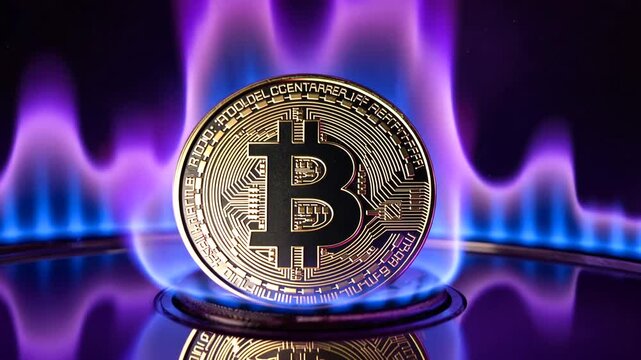 A glowing Bitcoin coin surrounded by vibrant flames, symbolizing digital currency and innovation