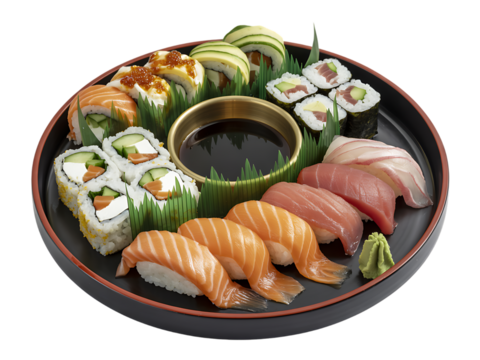 Assortment of fresh sushi and rolls arranged on a platter with soy sauce isolated on transparent background