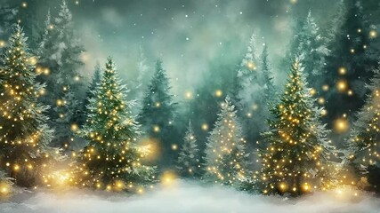 Beautiful winter wonderland forest with sparkling snow and illuminated holiday trees - Powered by Adobe