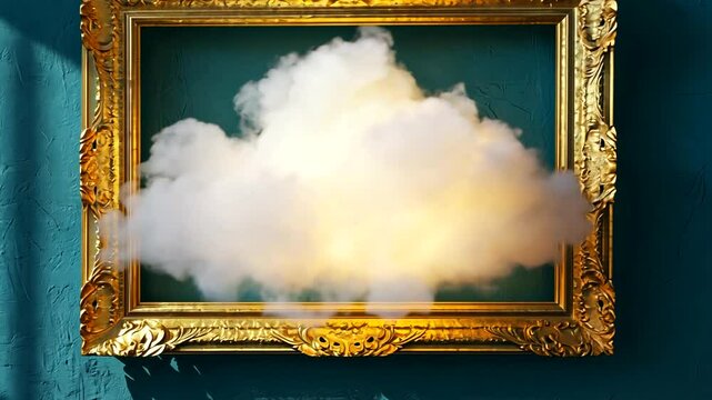 A golden-framed painting displaying a fluffy cloud with a glowing center against a teal wall