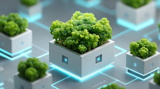 Digital kale fractal unfolding in 3D like a circuit board, made of living green cells, hovering on translucent neon white background, futuristic vegan tech 