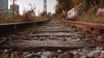 Overgrown abandoned railway with urban backdrop at sunset