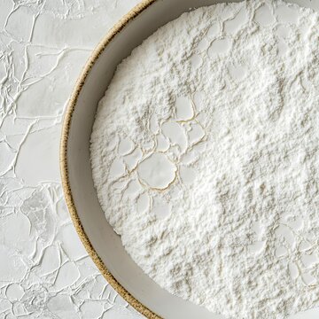 closeup of arrowroot powder in a round ceramic dish fine white starchy texture macro ingredient photography clean backdrop